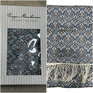 Enzo Montovani Denim Blue Damask Fringe Silk Cashmere Unisex Scarf Shawl 12x62